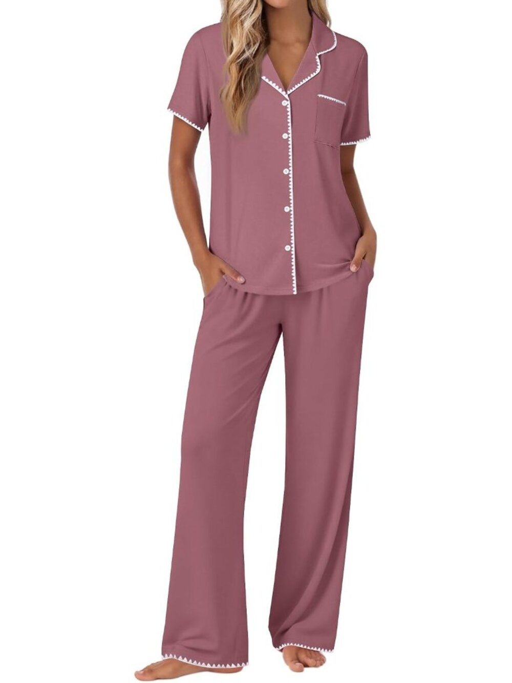 Women Dusty Mauve Short Sleeve Sleepwear Button Up Shirt Pajamas Set 2 Piece